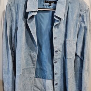 Y2k Women's Sky Blue Button Down 100% Suede Leather Shirt. Preowned Obviosly .